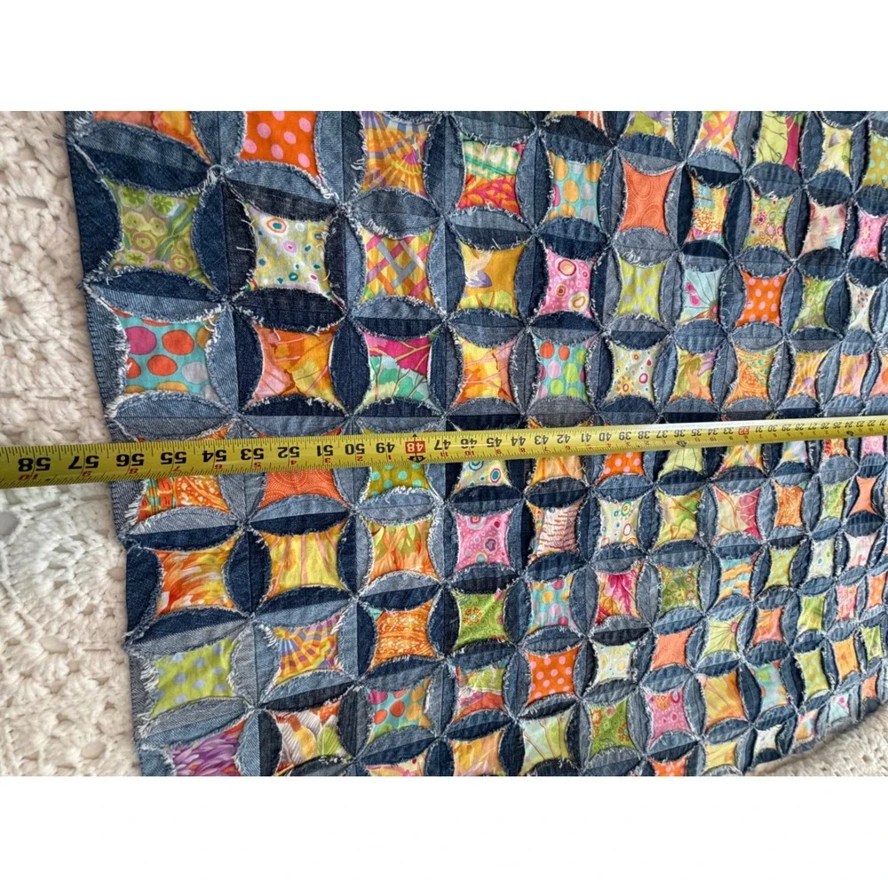 Handmade Denim Cathedral Window Rag Quilt Patchwork Throw Blanket 57x47